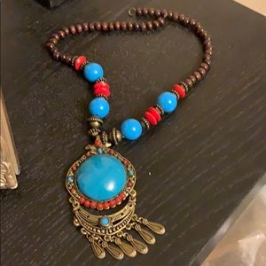Beaded blue turquoise /coral color stone necklace
